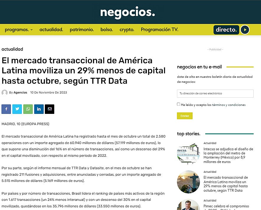 El mercado transaccional de Amrica Latina moviliza un 29% menos de capital hasta octubre, segn TTR Data